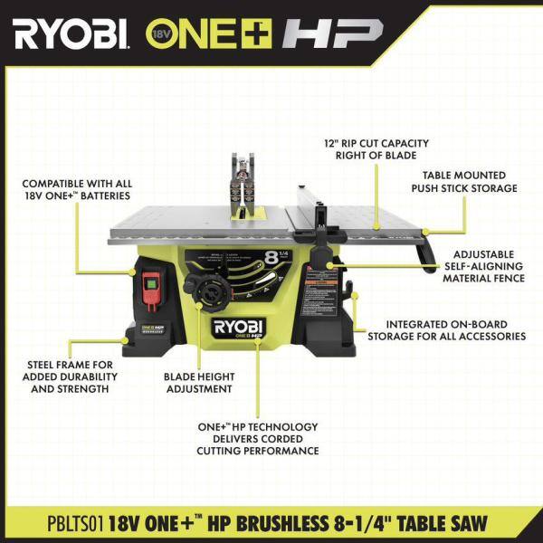 RYOBI ONE+ HP 18V Brushless Cordless 8-14 in. Compact Portable Jobsite Table Saw (Tool Only) PBLTS01B