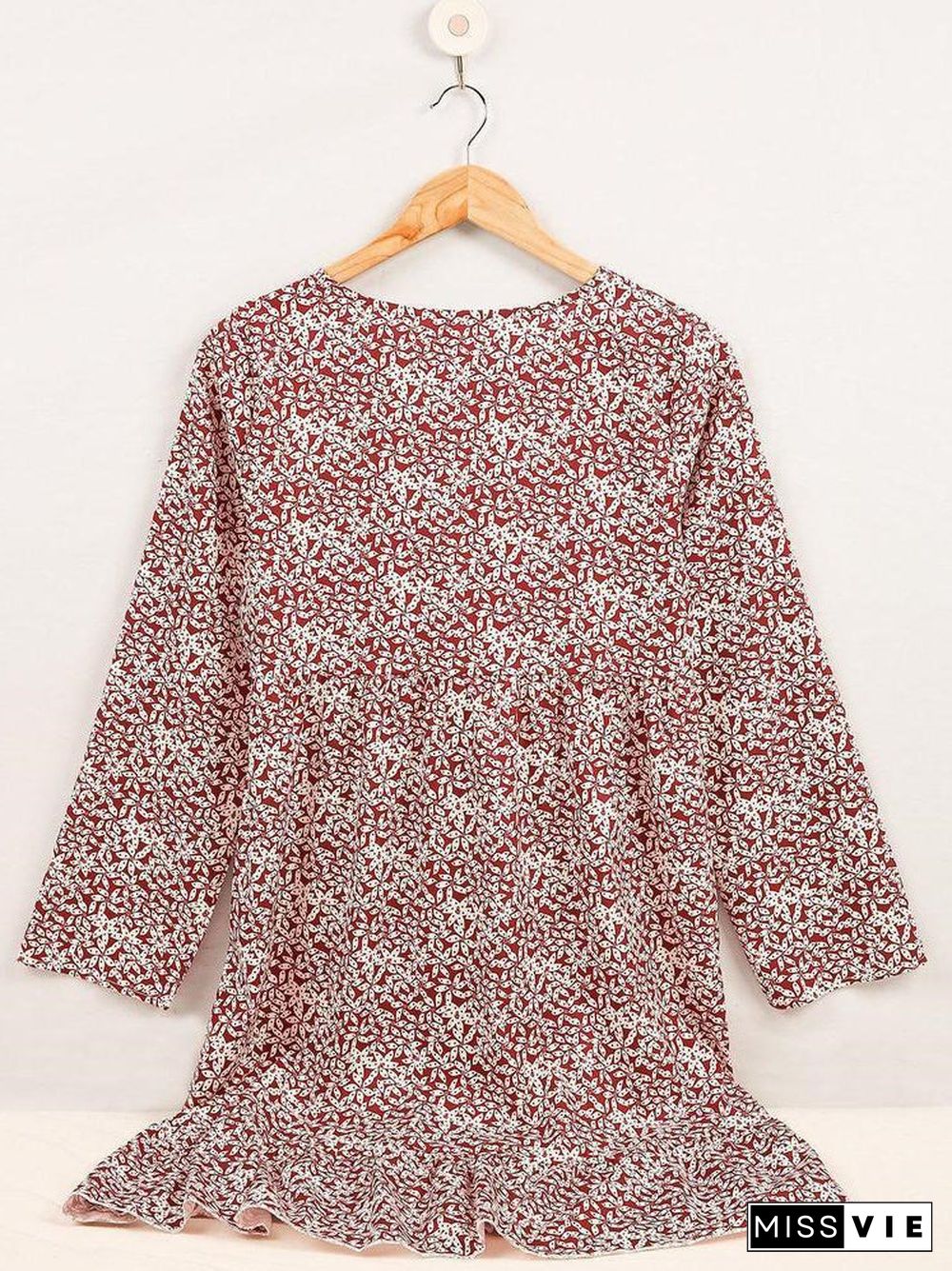 Women Long Sleeve V-neck Floral Printed Mini Dress