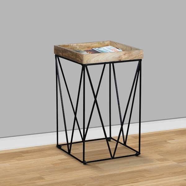 24 Inch Industrial End Side Table， Mango Wood Square Tray Top， V Shape Iron Accent， Brown， Black