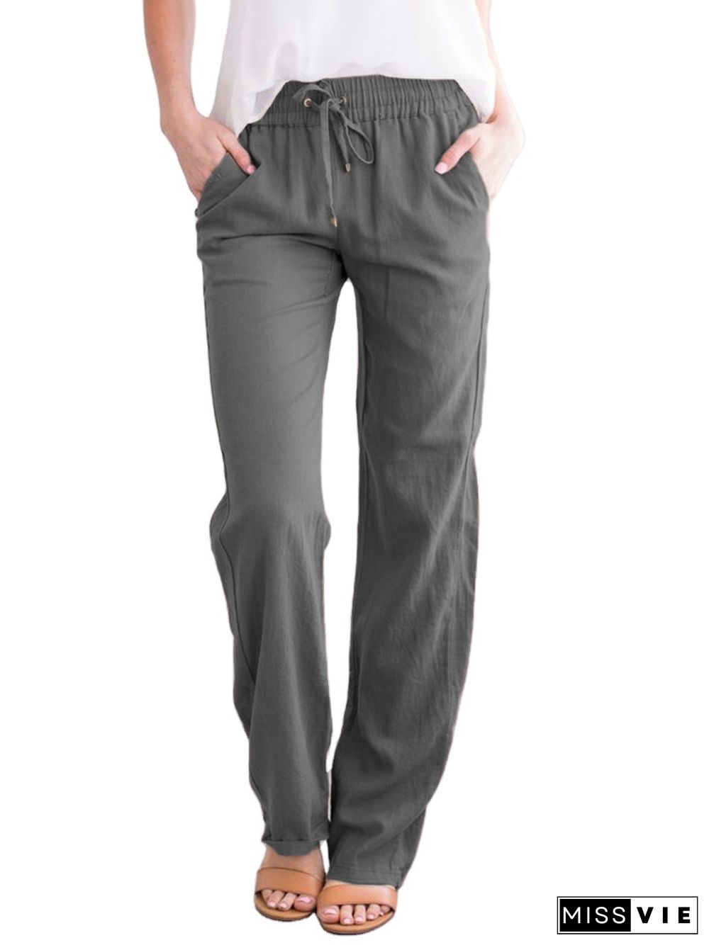 Solid Color Loose Drawcord Casual Wide Leg Pants