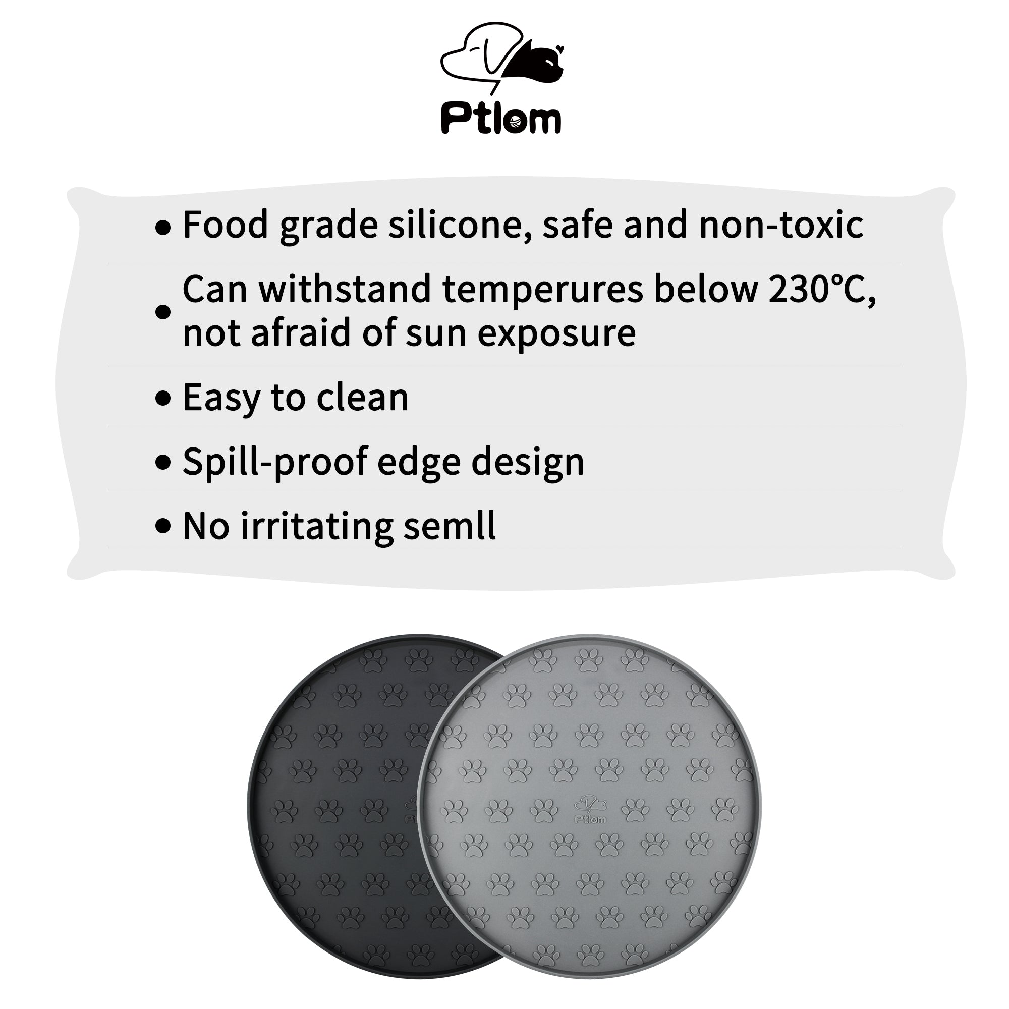 Ptlom 2Pcs Pet Placemat for Dog and Cat Bowl Mat for Prevent Food and Water Overflow Silicone Pet Feeding Mat，Gray