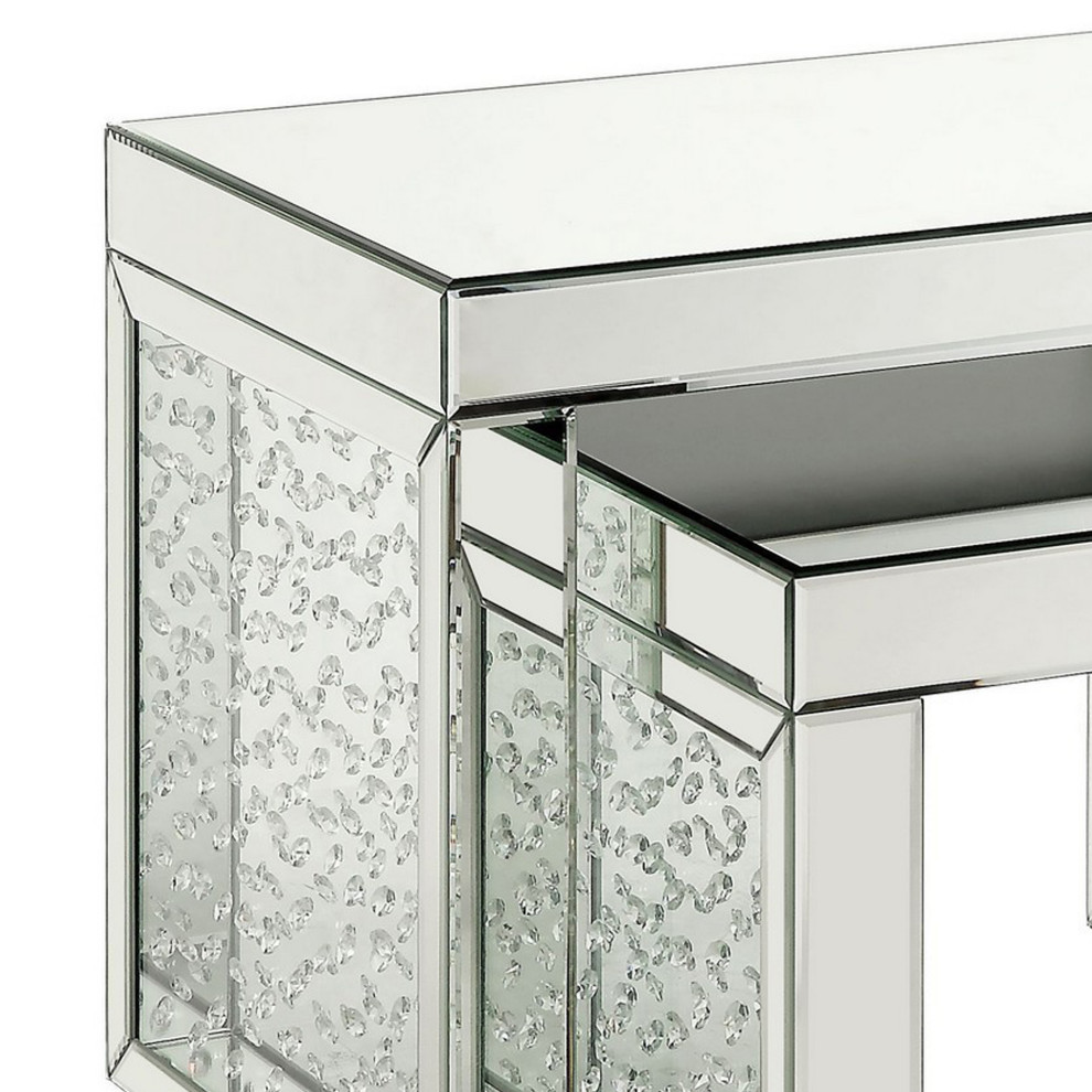 Benzara BM250303 Accent Table With Mirrored Top and Faux Crystal Accent  Silver   Contemporary   Coffee Table Sets   by Uber Bazaar  Houzz