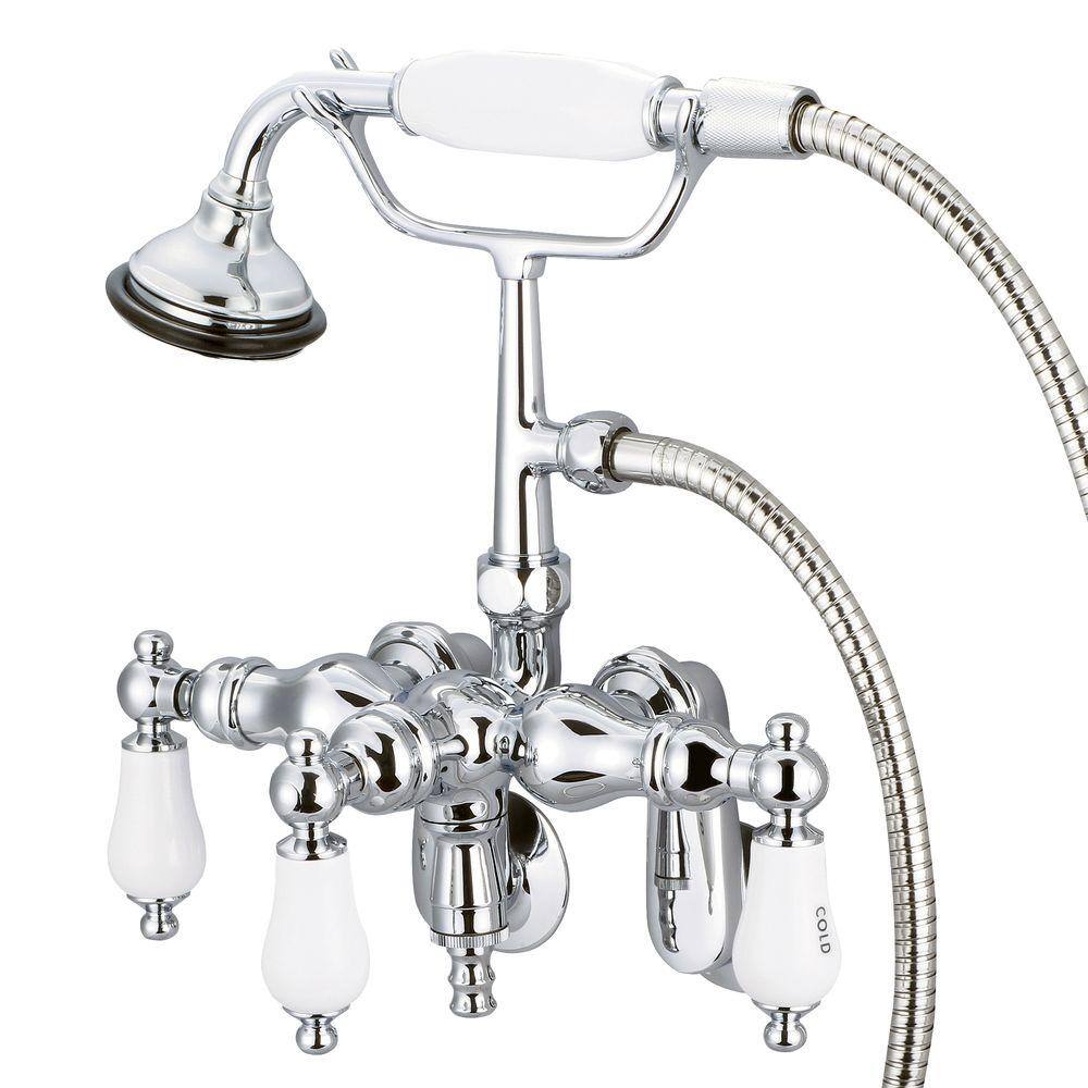 Water Creation 3-Handle Claw Foot Tub Faucet with Labeled Porcelain Lever Handles and Hand Shower in Triple Plated Chrome F6-0018-01-CL