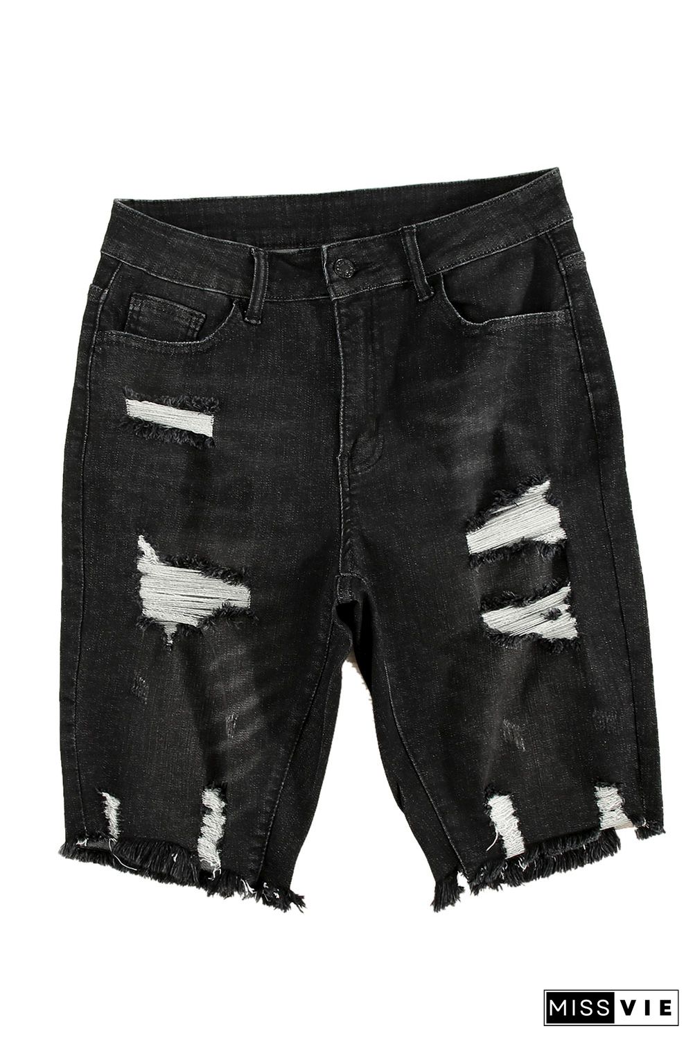 Black Ripped Tassel Bermuda Jean Shorts