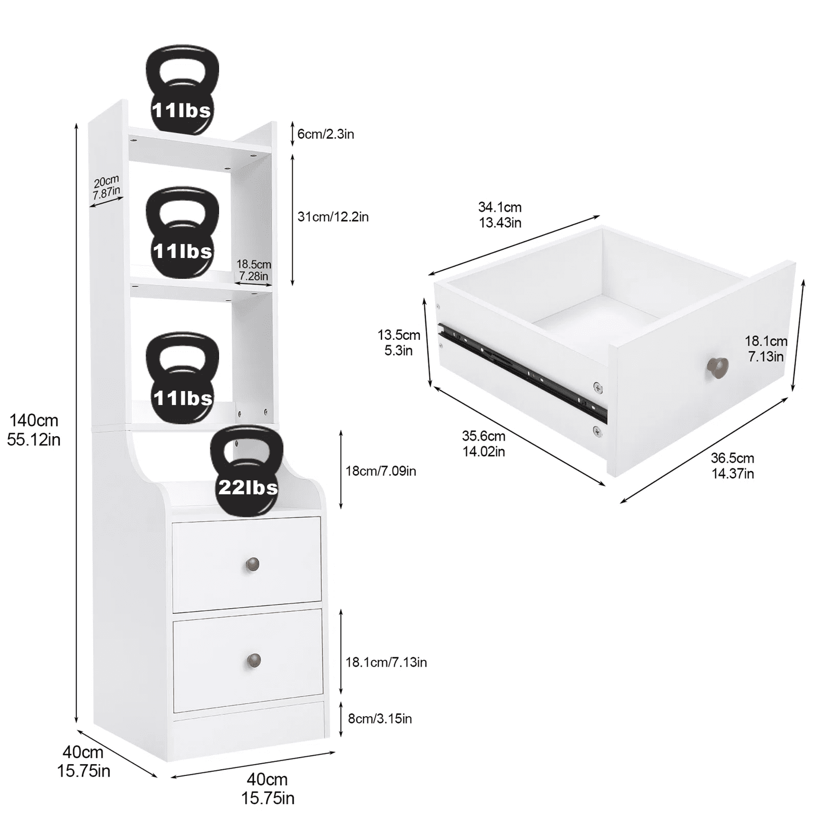 SEJOV White Nightstand with 2 Drawers Bedside Table Modern Night Stand with 4-Tier Open Shelves, Small Bookshelf for Bedroom, Living Room，Study Room，Home Office