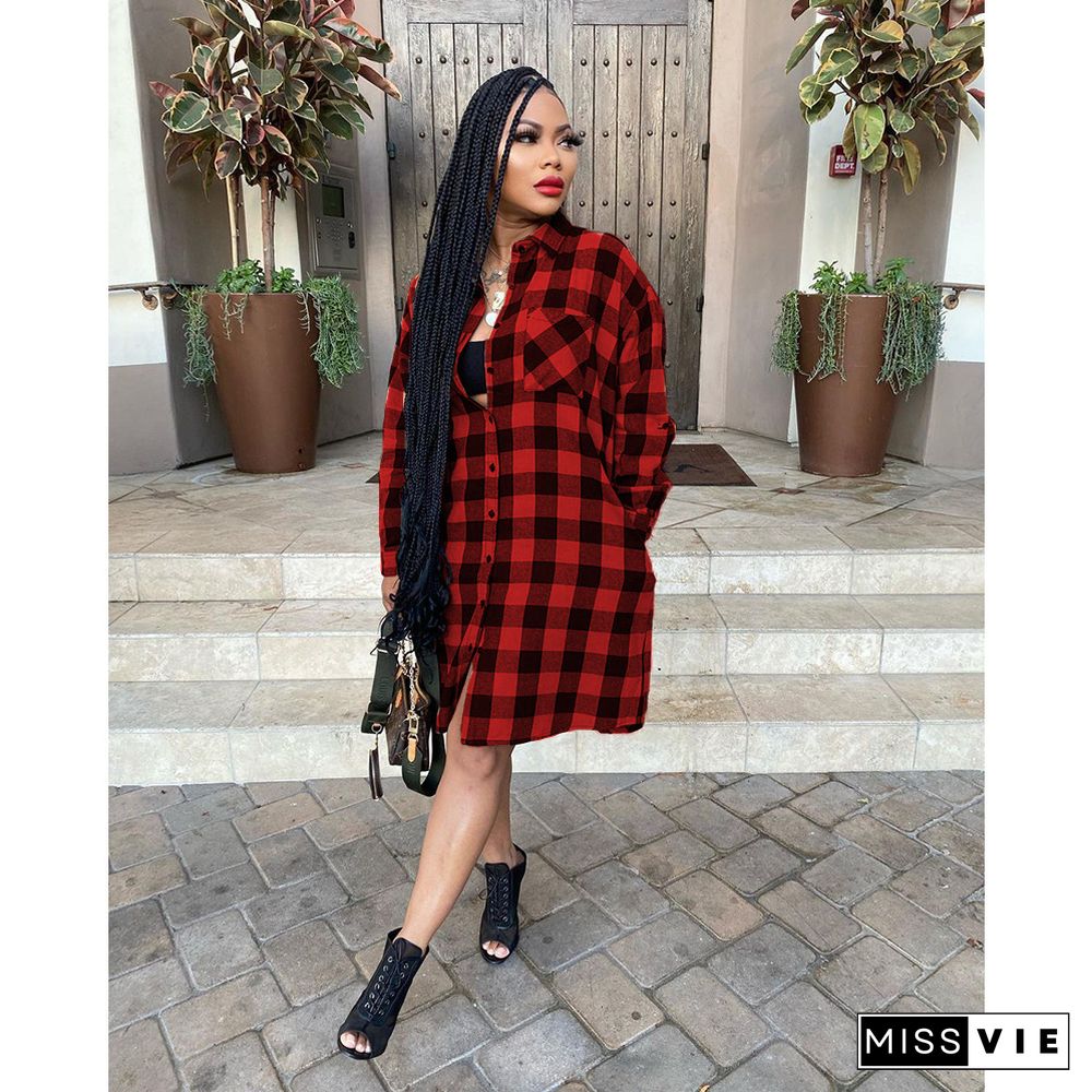 Plaid Print Long Sleeve Shirt Midi Dress