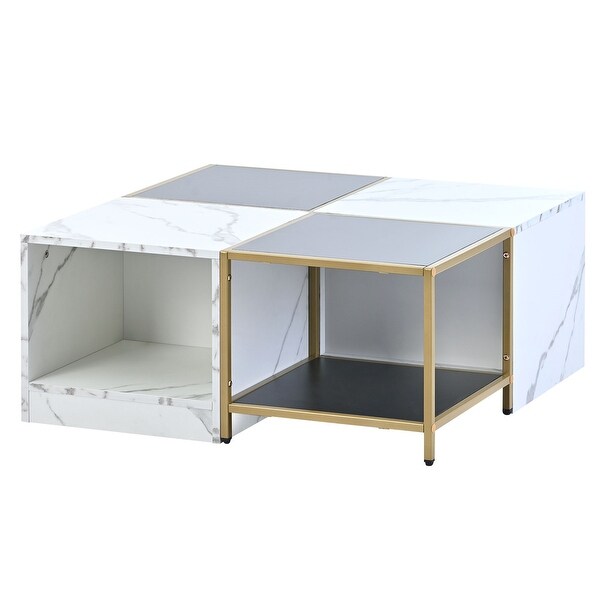 2-layer High Gloss White Marble Finish Coffee Table with Metal Frame