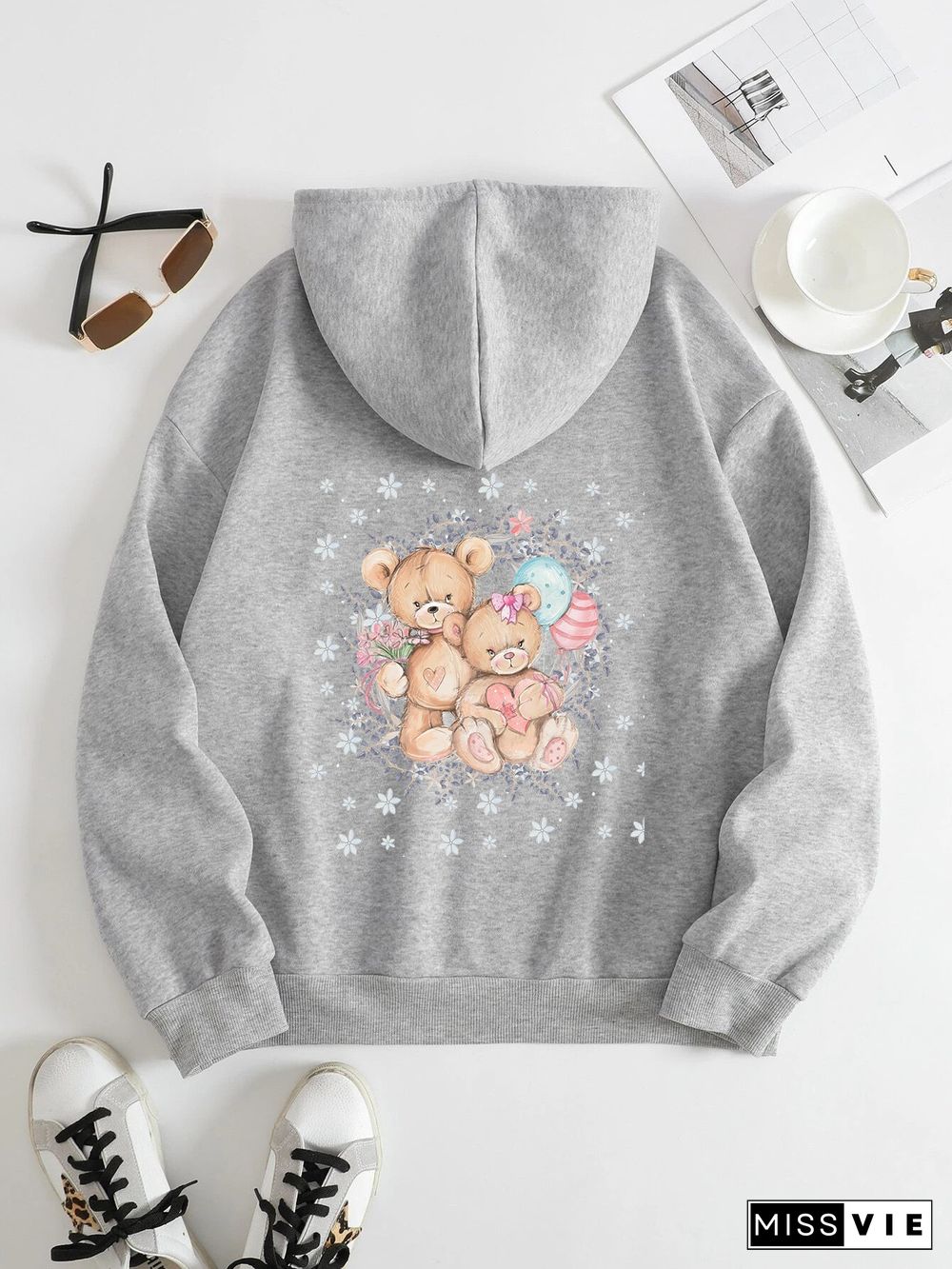 Printed on the Back Kangaroo Pocket Hoodie Long Sleeve for Women Pattern Bears and Flowers