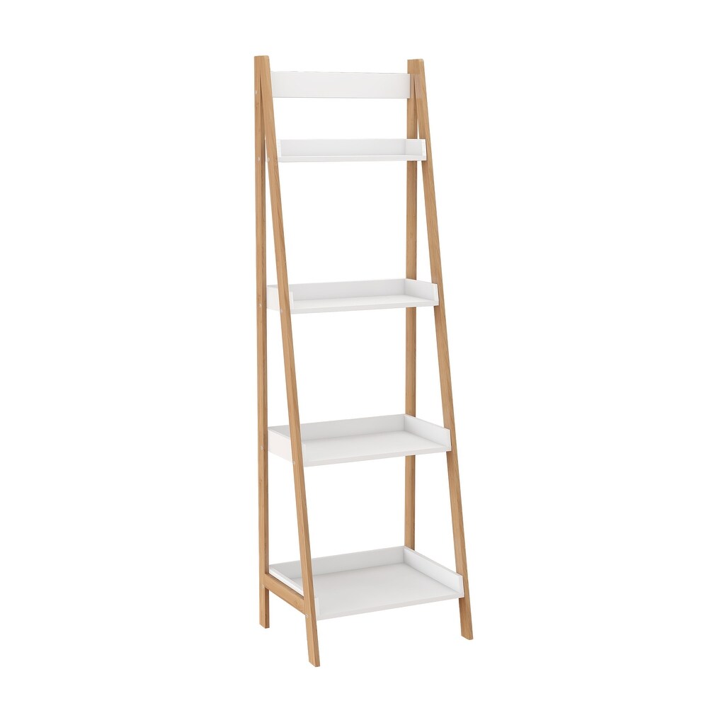 Minimalist Style Storage Shelf Solid Bamboo Wood Bookshelf  Tires Ladder Shelf  with four Partitions  NDF Panel