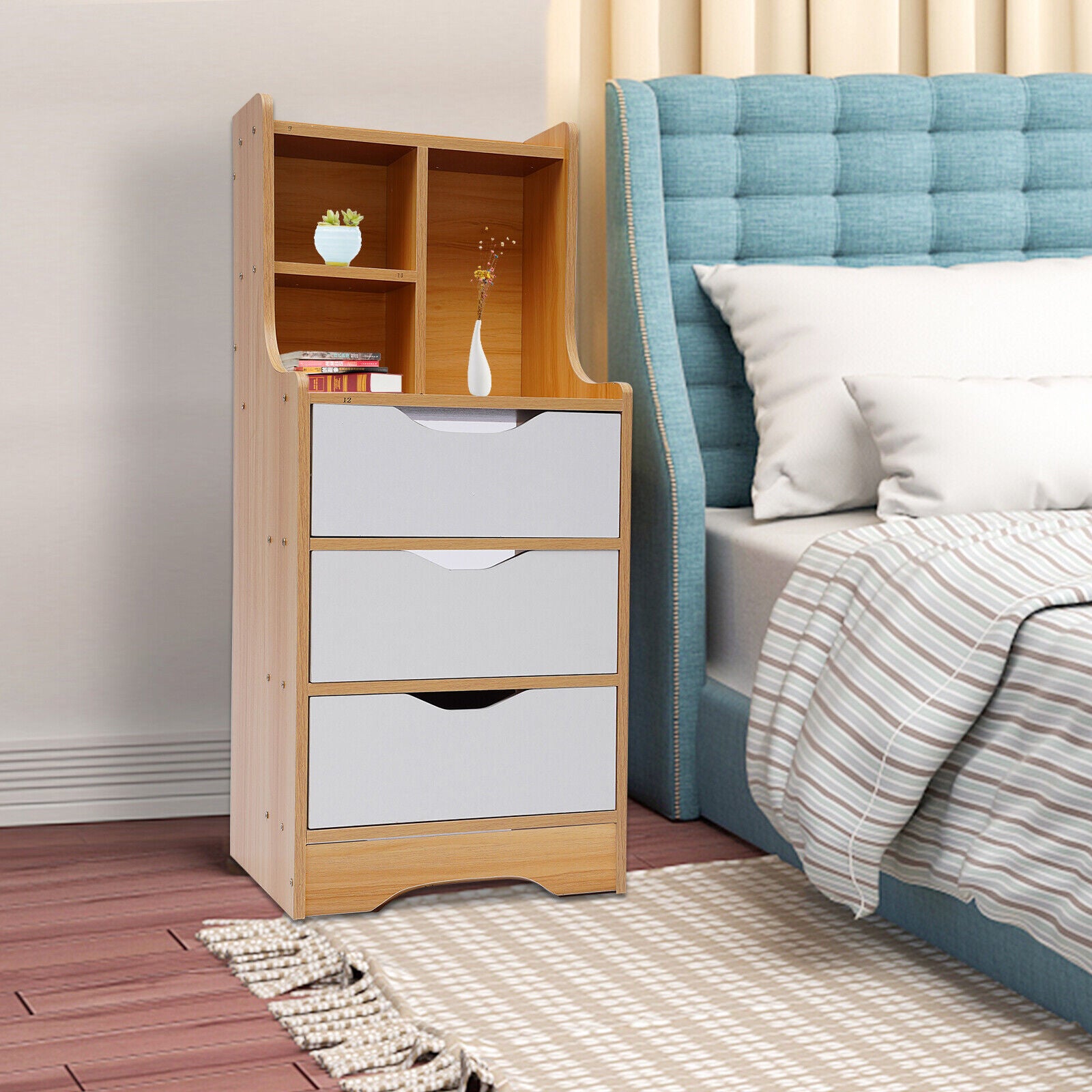 MIDUO Bedroom Wood Nightstand 3 Drawers Bedside Table with Open Storage Cabinet