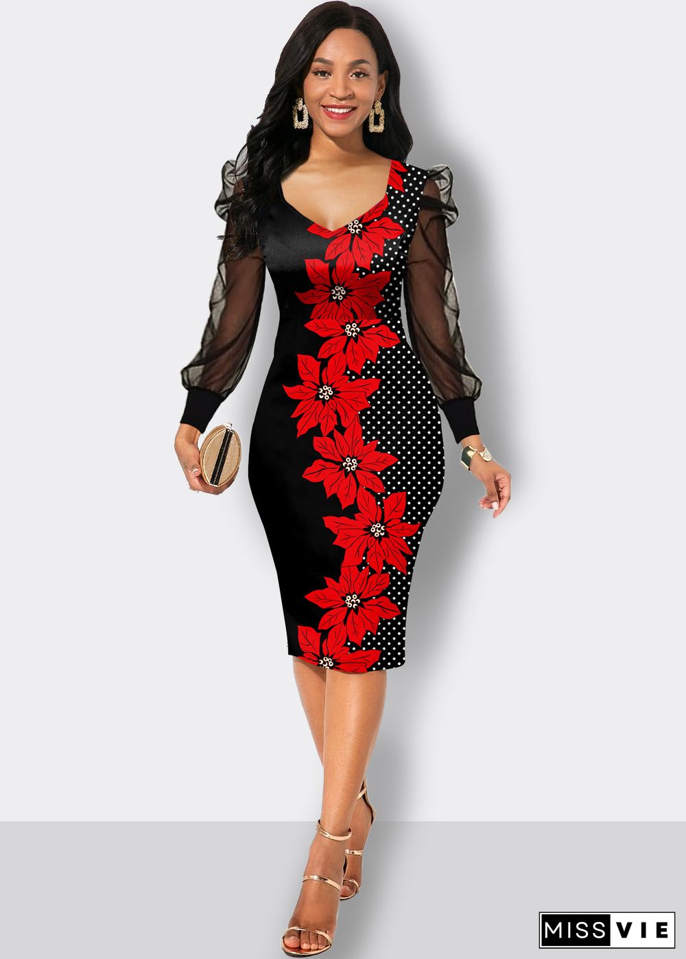 Floral Print Fabric Splicing Long Sleeve Sweetheart Neckline Dress