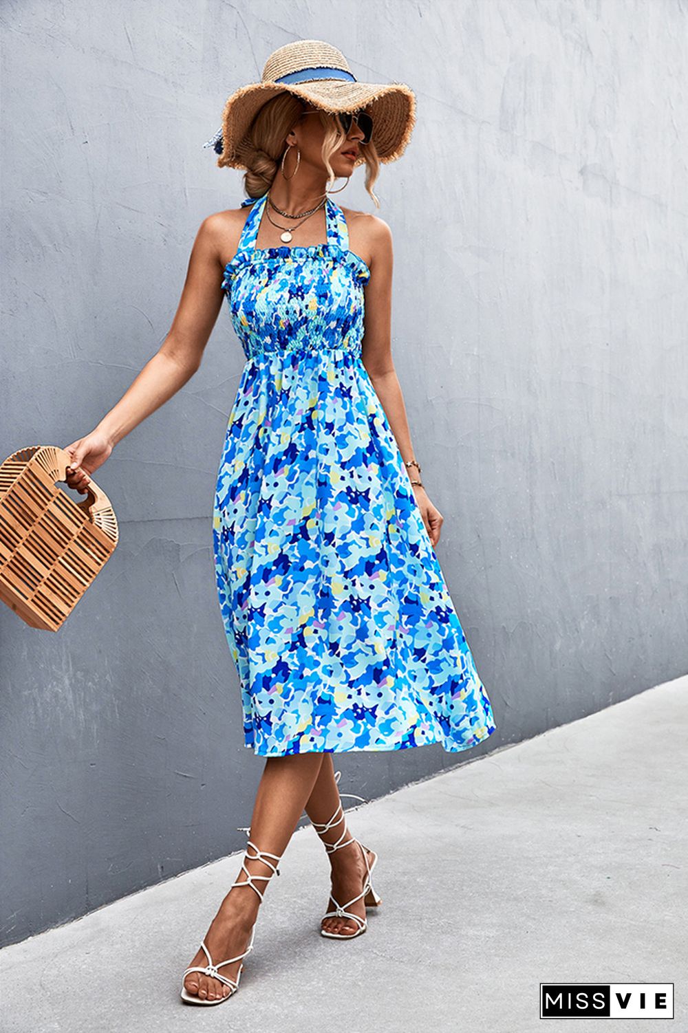 Ruffle Printing Halter Dress Wholesale