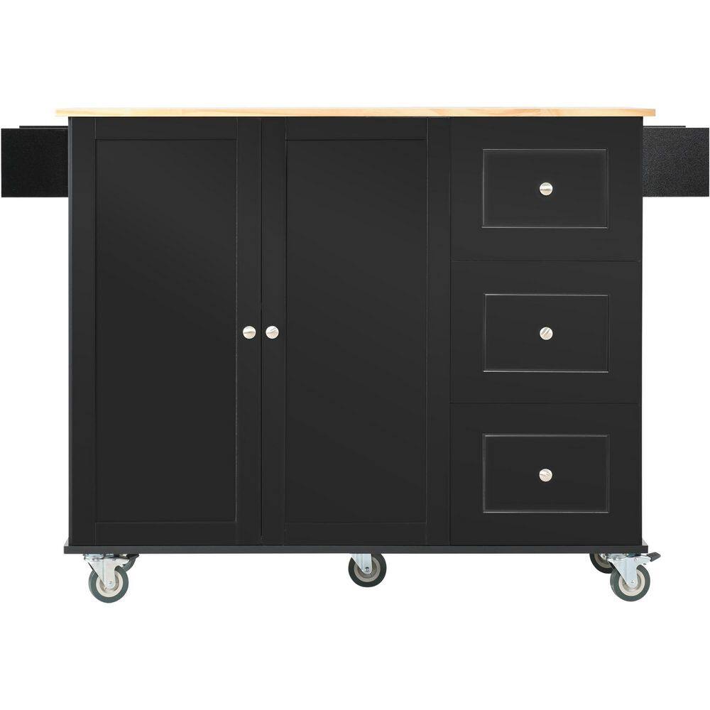 52.7 in. W x 17.71 in. D x 36.81 in. H Black Rolling Mobile Kitchen Island with Solid Wood Top and Locking Wheels WF2870AABWY