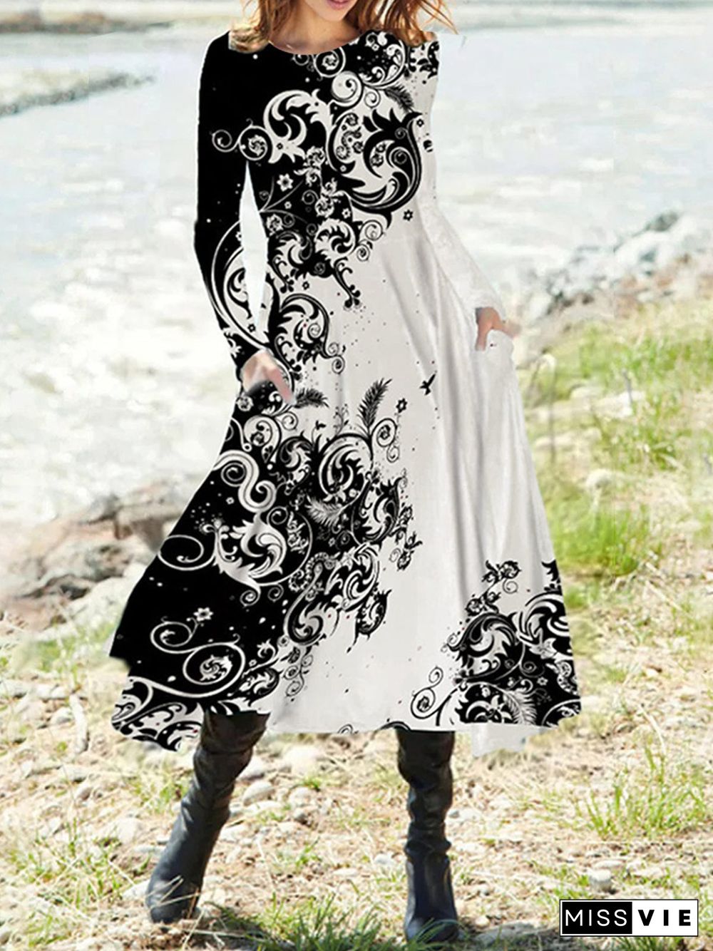 Women's Floral Printed Graphic Stitching Scoop Neck Long Sleeve Dress