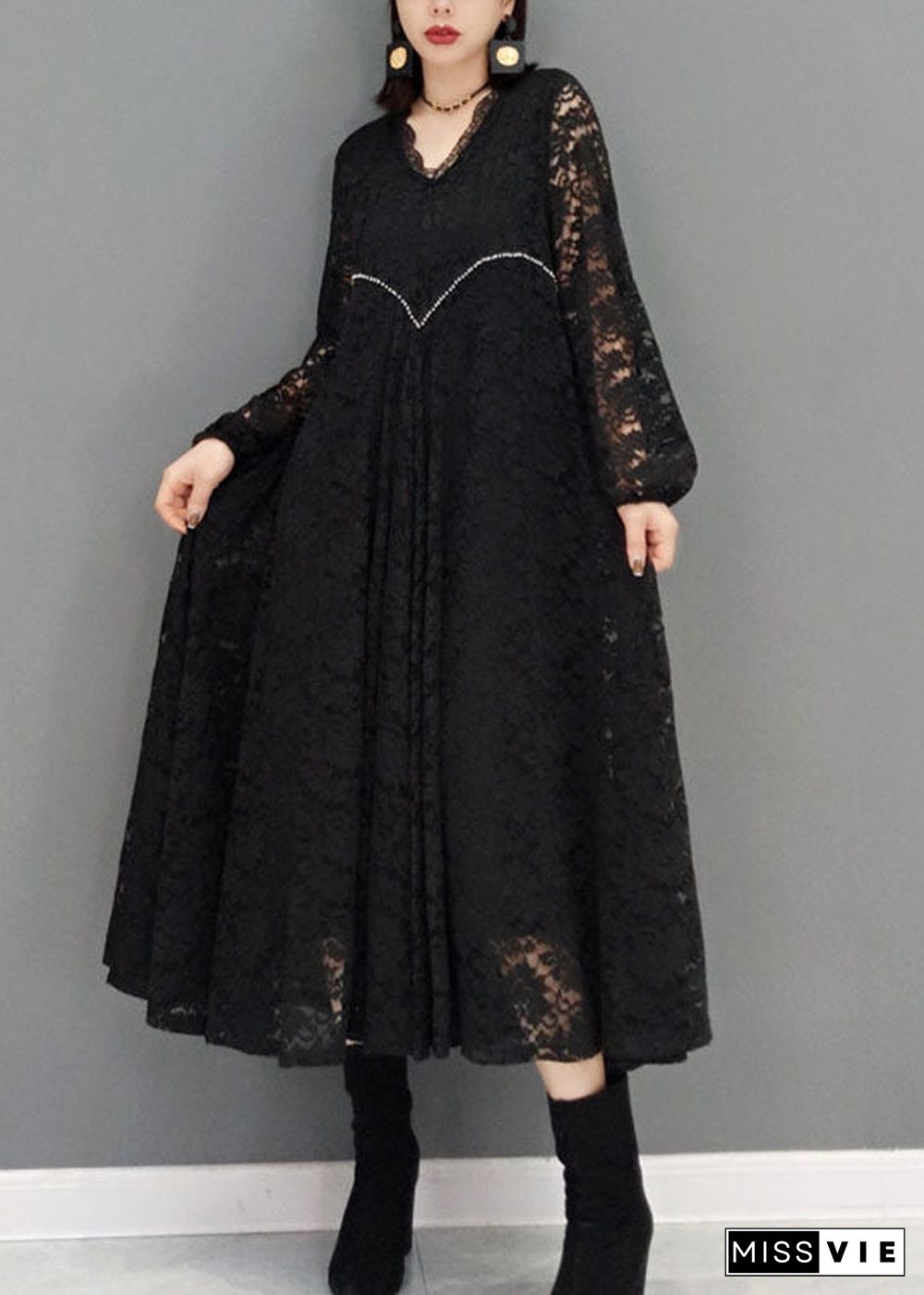 Plus Size Black V Neck Hollow Out Lace Dresses Spring