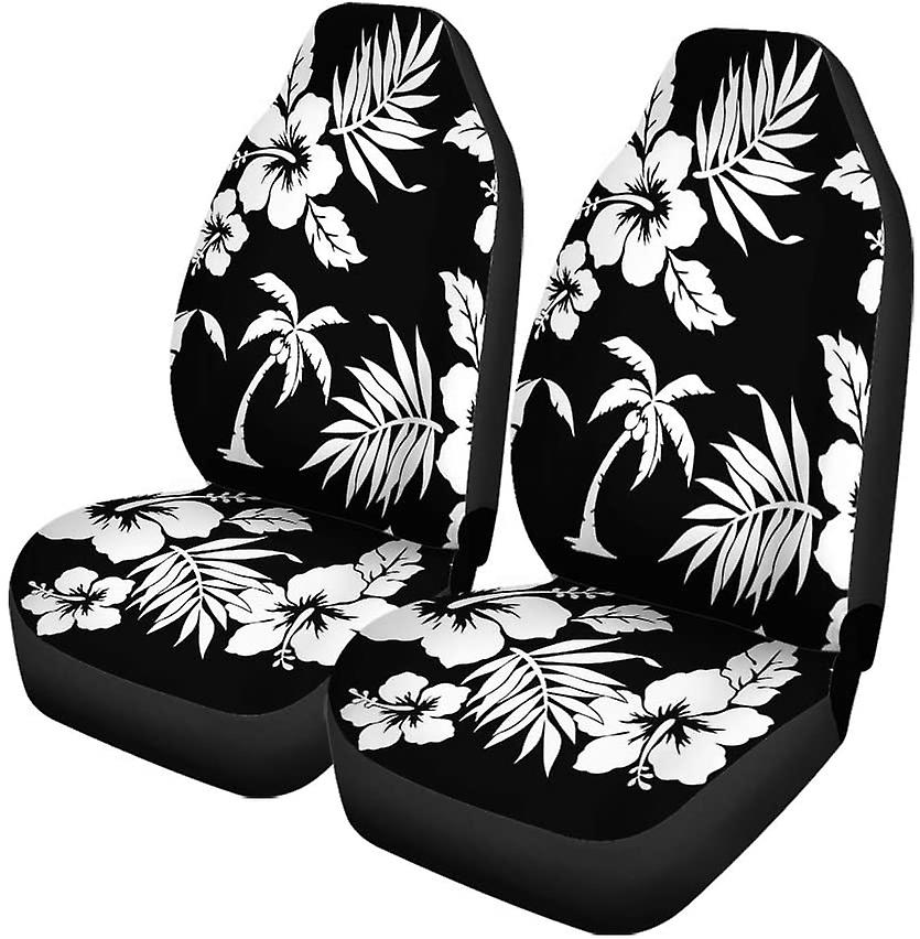 Set Of 2 Car Seat Covers Black White Hibiscus Flowers Coconut Tree Universal Auto Front Seats Protector Fits For Car，suv Sedan，truck