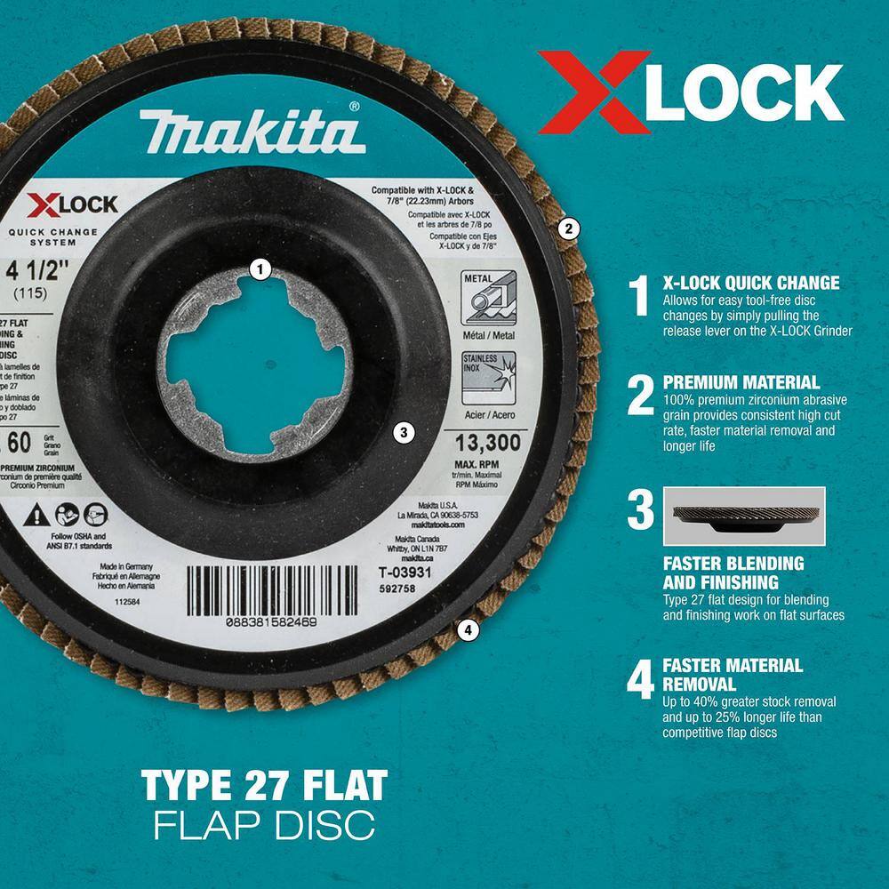 Makita X-LOCK 4‑12 in. 40-Grit Type 27 Flat Blending and Finishing Flap Disc for X-LOCK and All 78 in. Arbor Grinders T-03925