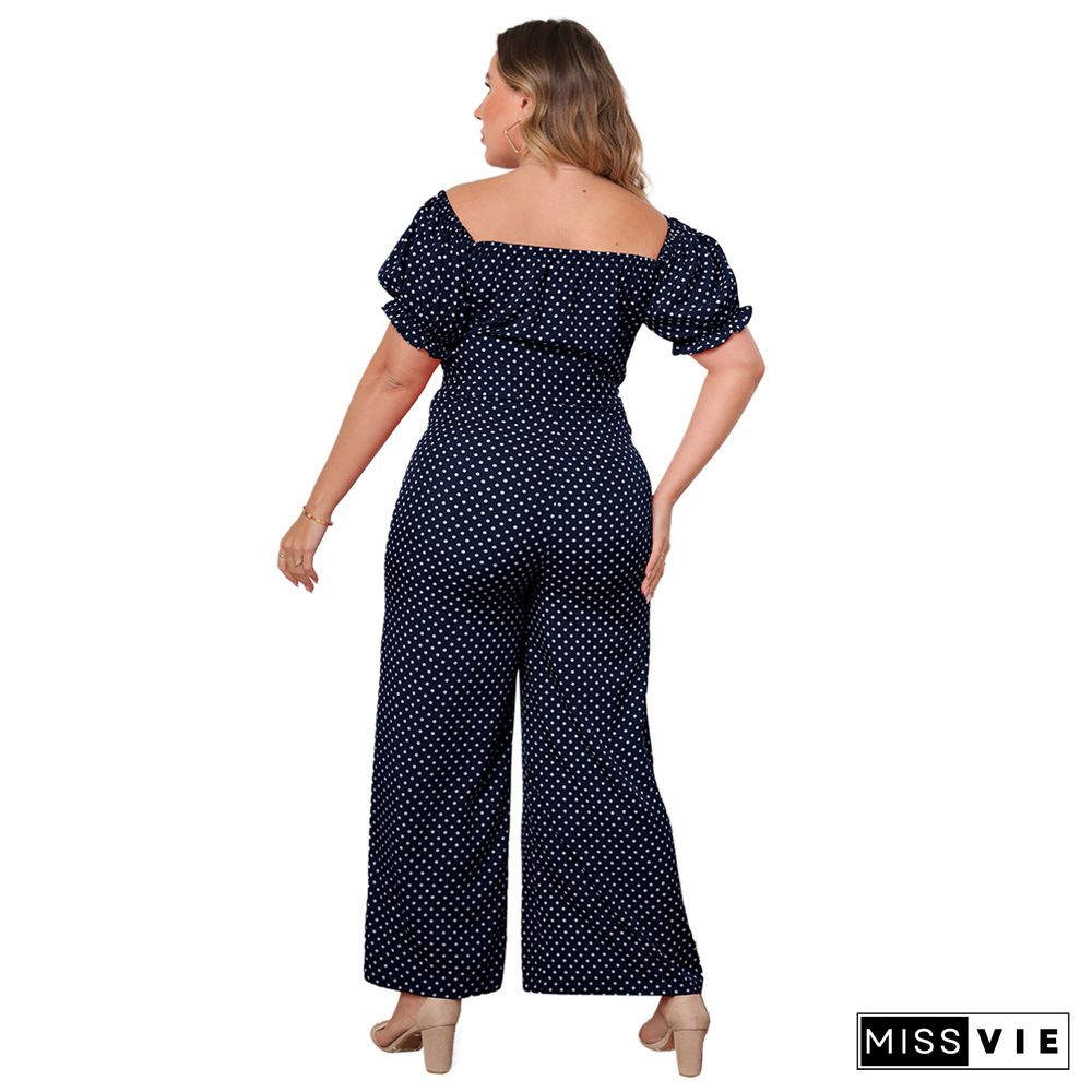 Dot Print Short Sleeve Slash Neck Wide Leg Jumpsuit