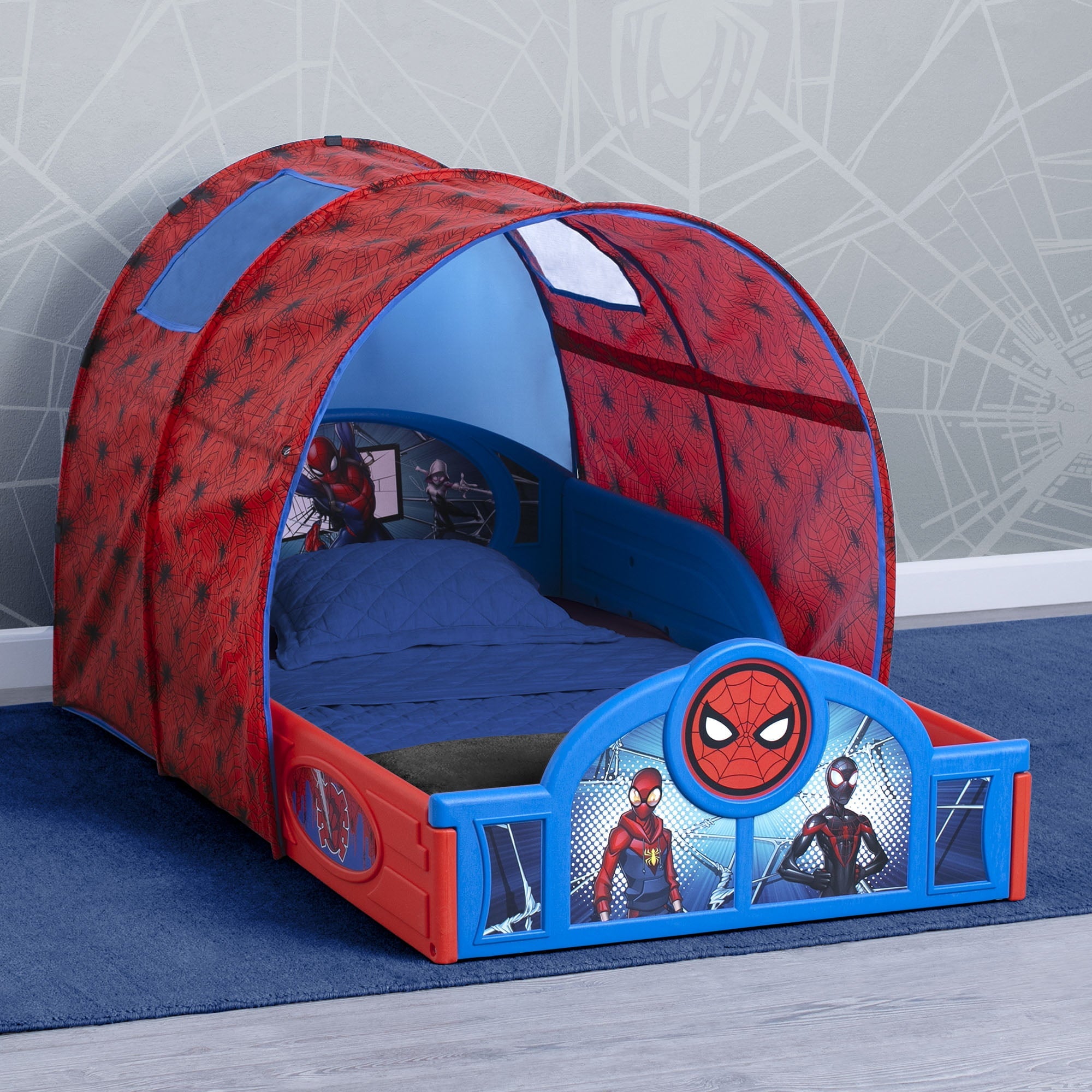 Marvel Spider-Man Sleep and Play Toddler Bed with Tent and Built-In Guardrails by Delta Children