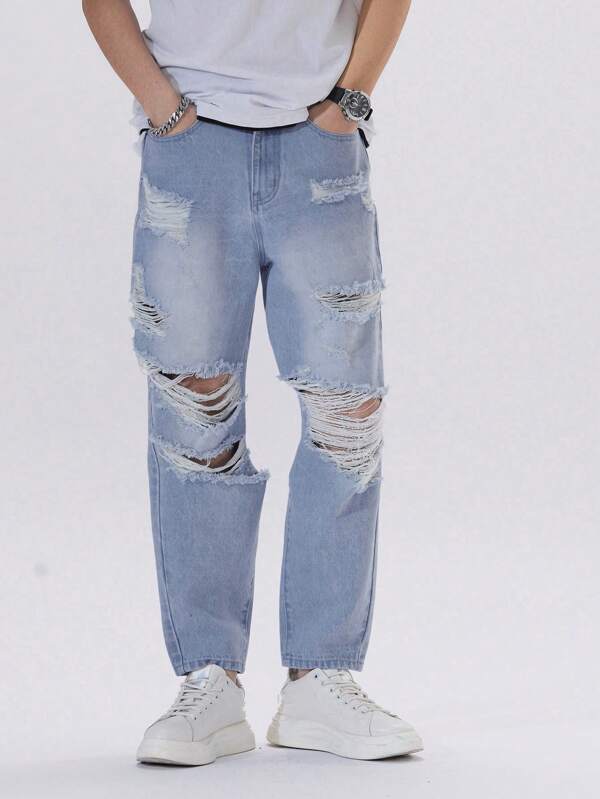 Men Ripped Frayed Tapered Jeans