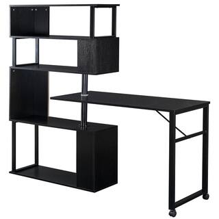 Polibi 47.20 in. Retangular Black Rotatable L-Shaped Corner Home Office Computer Desk with 5-Tier Bookshelf and Casters RS-472RRLCD-BK