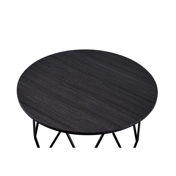 Industrial Round Top Wooden Coffee Table with Geometric Base， Black