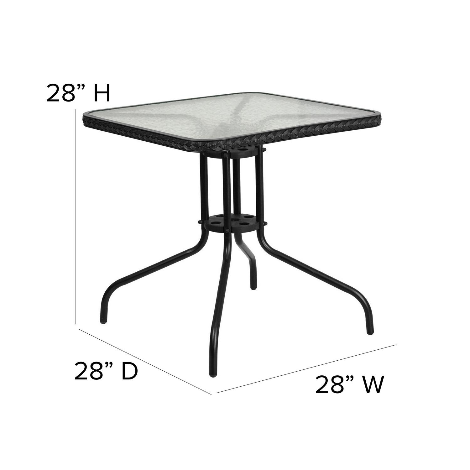 Flash Furniture 288221 Square Glass Metal Table with Black Rattan Edging and 2 Black Rattan Stack Chairs  Crowdfused