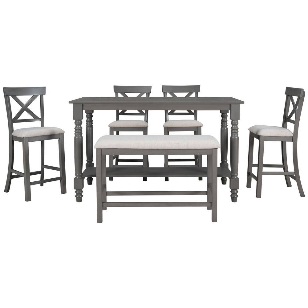 Qualler Gray 6-Piece Wood Top Dining Table with 4 Chairs and Bench DTM000064E