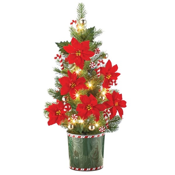 LED Lighted 24inch Poinsettia Candy Cane Tabletop Tree