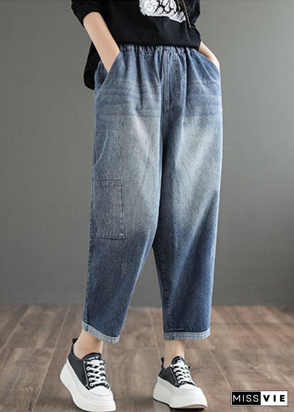 Stylish Denim Blue Solid Color Elastic Waist Pockets Patchwork Applique Cotton Harem Pants Summer