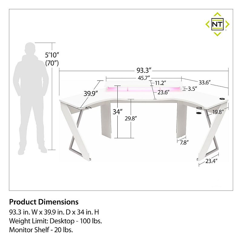 Ntense Xtreme Gaming Corner Desk and Riser and LED Light Kit Set