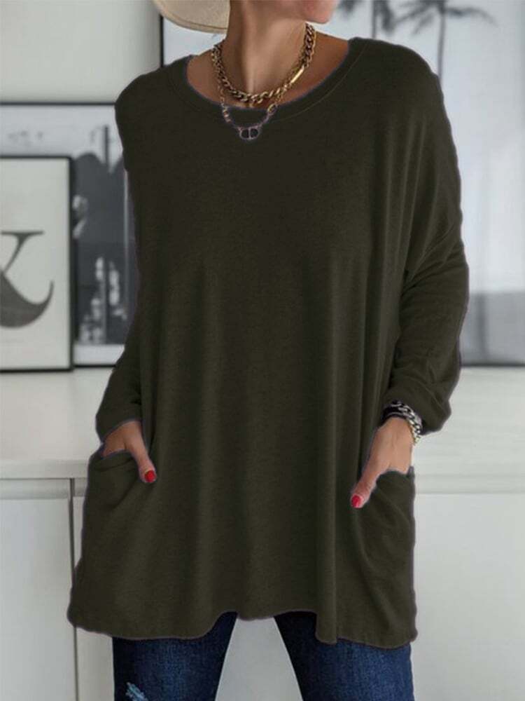 Solid Pocket Round Neck Long Sleeve T-Shirt