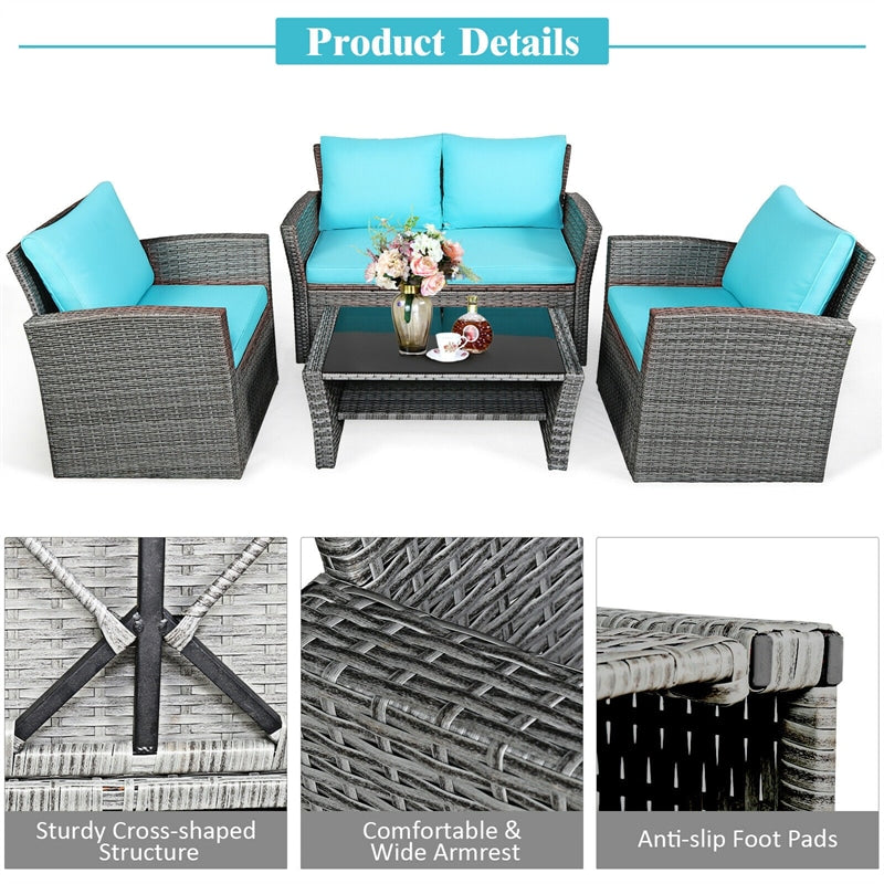 4 Pcs Rattan Patio Sectional Furniture Set with Storage Shelf Table, Cushioned Outdoor Wicker Conversation Sofa Set