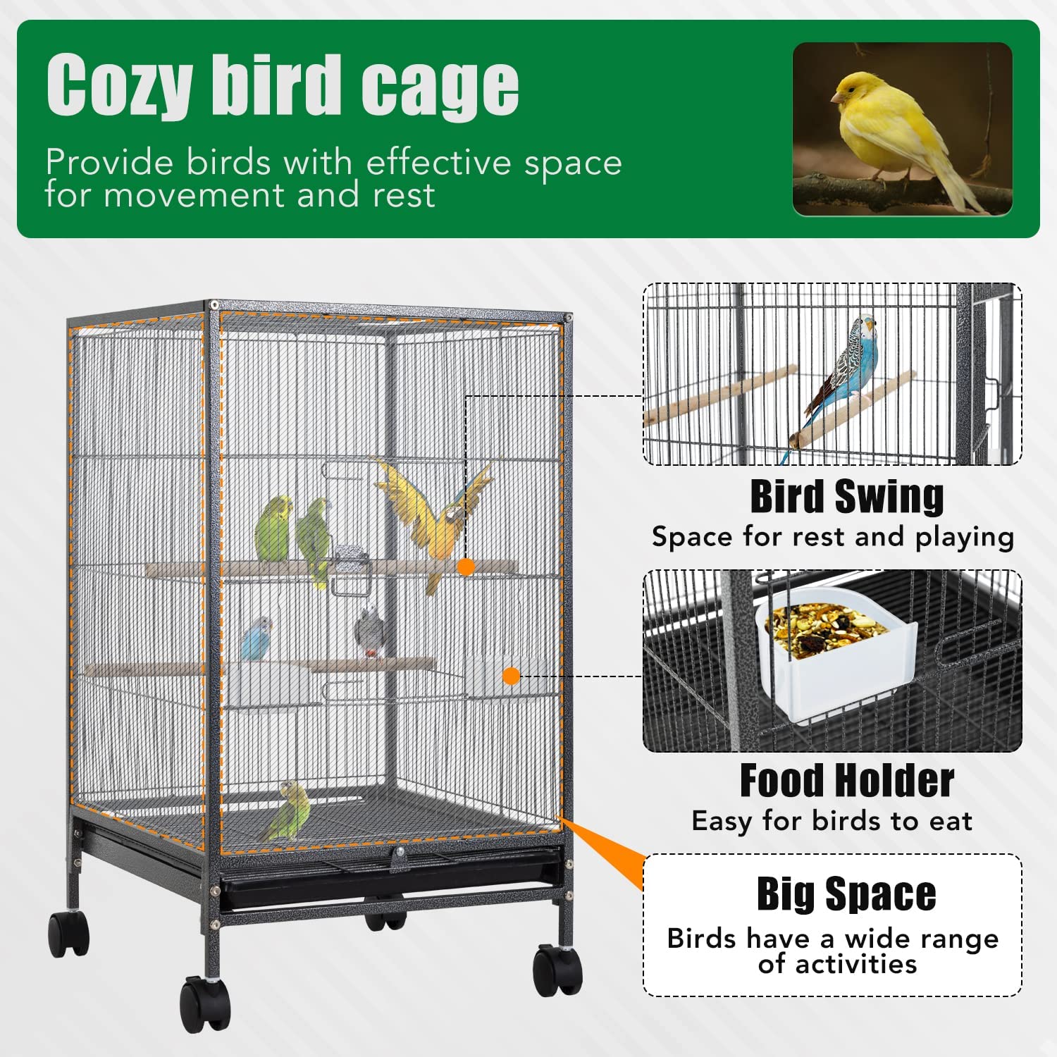 BestPet 35-Inch Wrought Iron Bird Cage with Play Open Top and Rolling Stand，Black