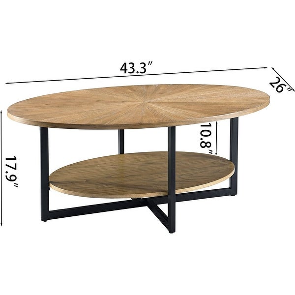 Solid Wood Oval Coffee Table with Cross Metal Legs