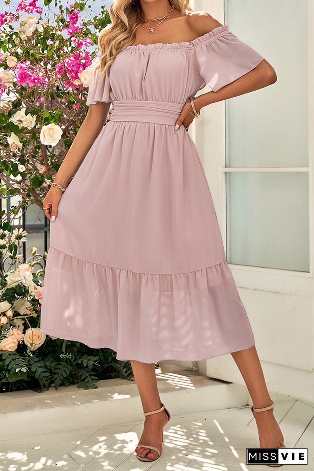 Plain Off Shoulder Ruffles Backless High Waist Midi Dress