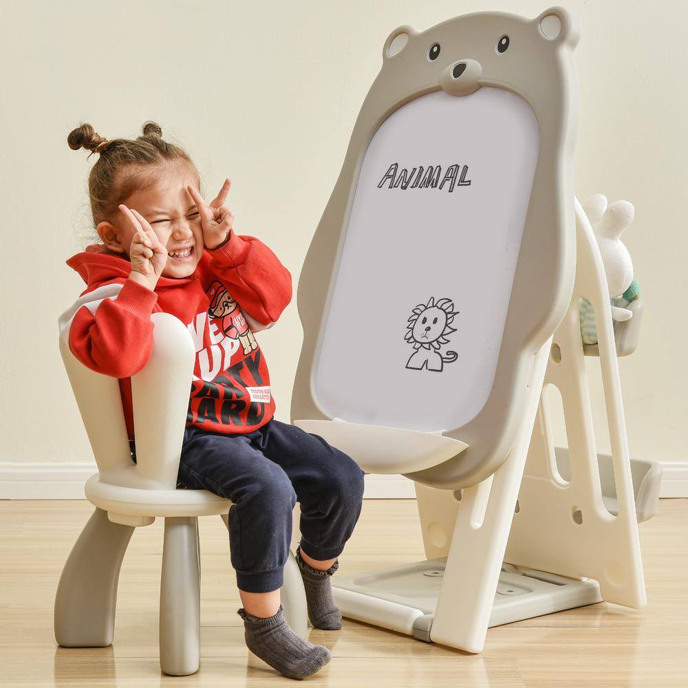 TIRAMISUBEST Gray Indoor Foldable Kids Art Easel with Shelf Stool and Adjustable Whiteboard PPXY297710AAE