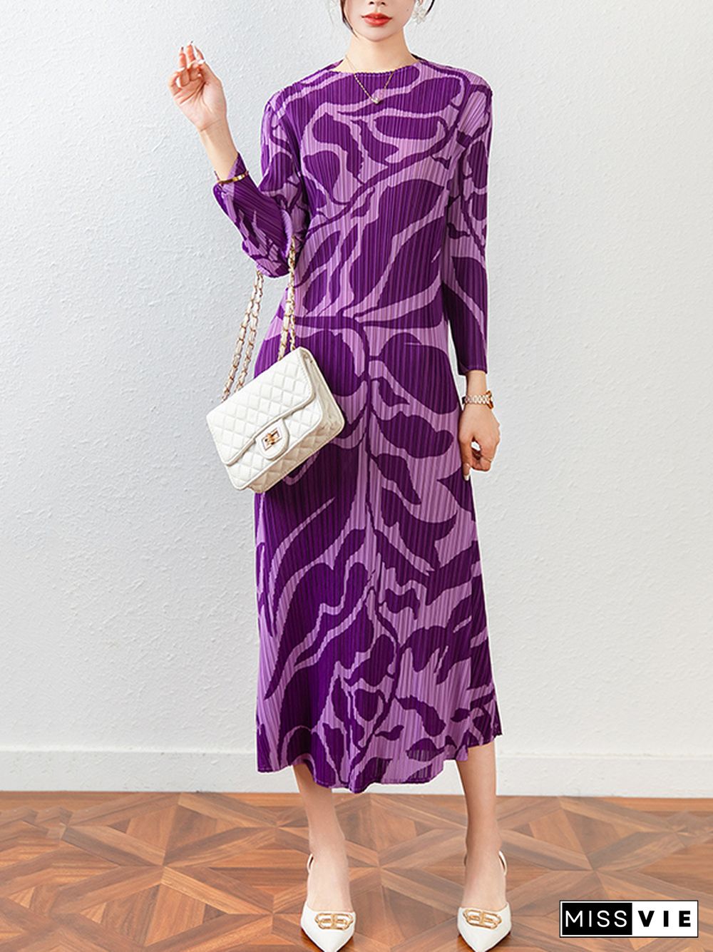 Fashion Floral Printed Pleated Long Sleeves Midi Dress