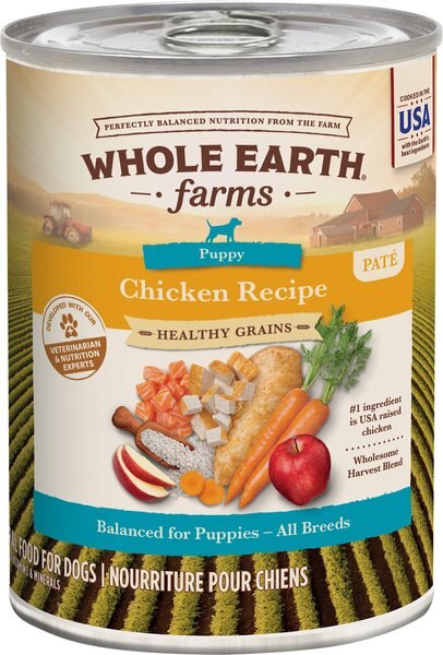 Whole Earth Farms Whole Grains Recipe Puppy Canned Dog Food， 12.7-oz can， case of 12