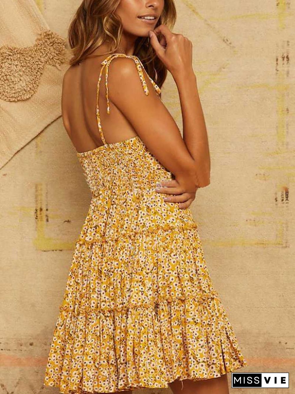 Mustard Yellow Floral Tie Shoulder Ruffle Dress With Frills at bottom