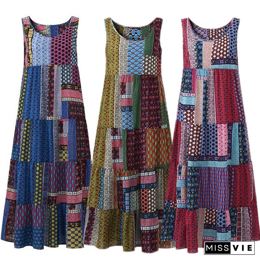 Womens Patch Print Loose Vest Dress Kaftan Sleeveless High Waist Sundress Oversized Casual Hippie Summer Trendy Fashion