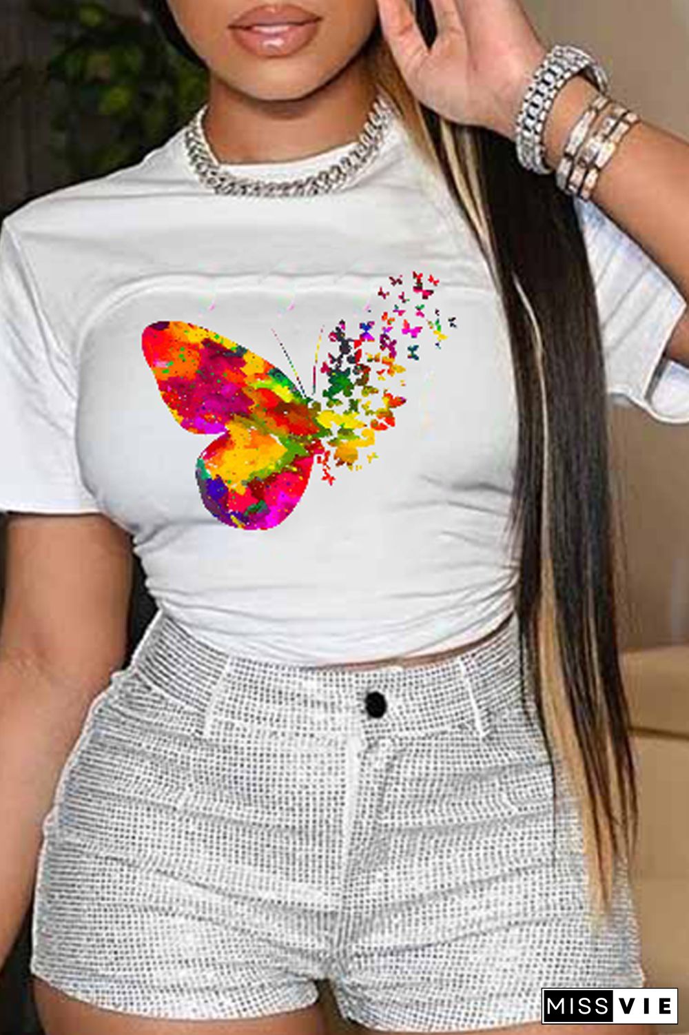 White Casual Butterfly Print Patchwork O Neck T-Shirts