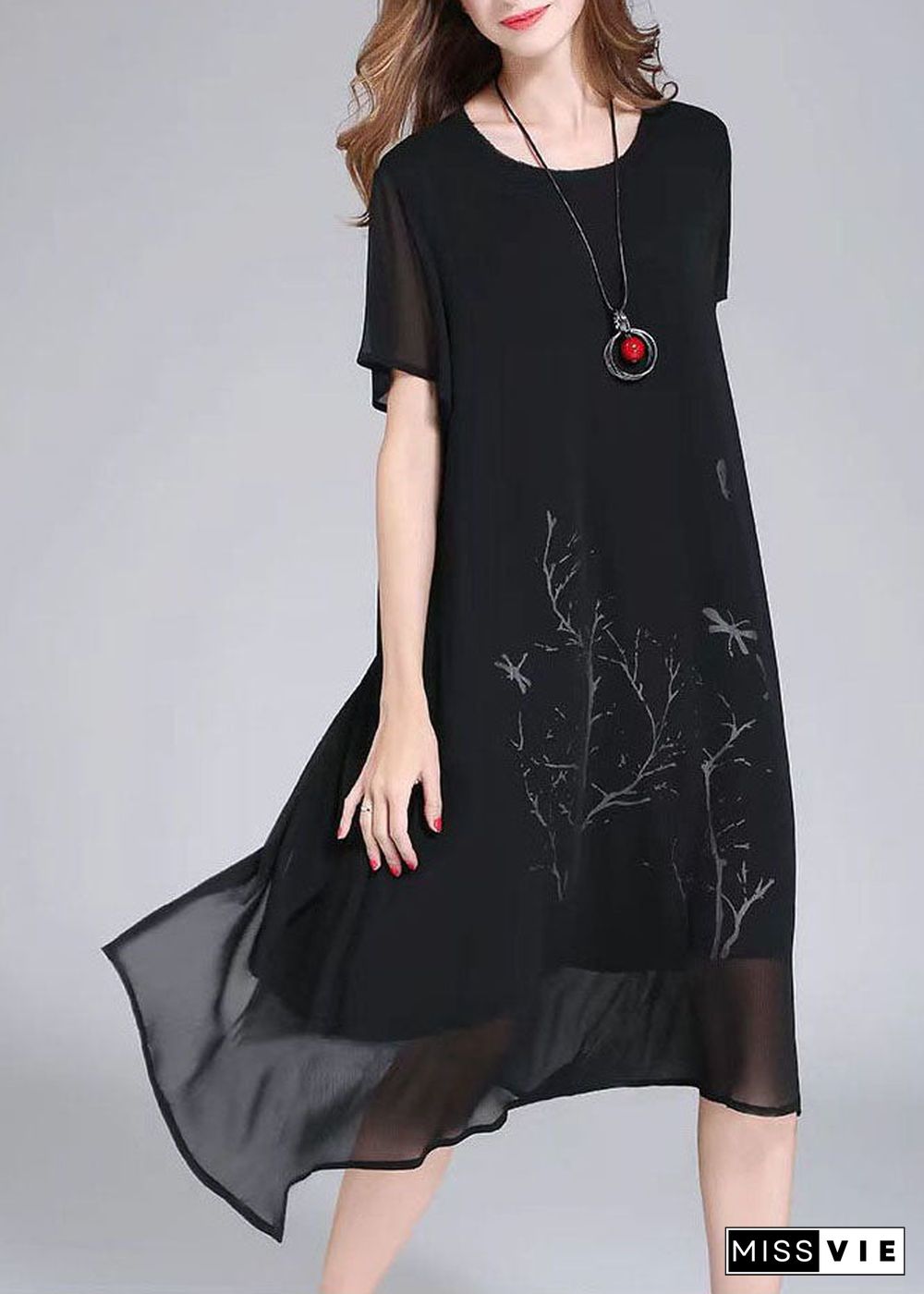 Organic Black O Neck Print Patchwork Chiffon Dresses Summer