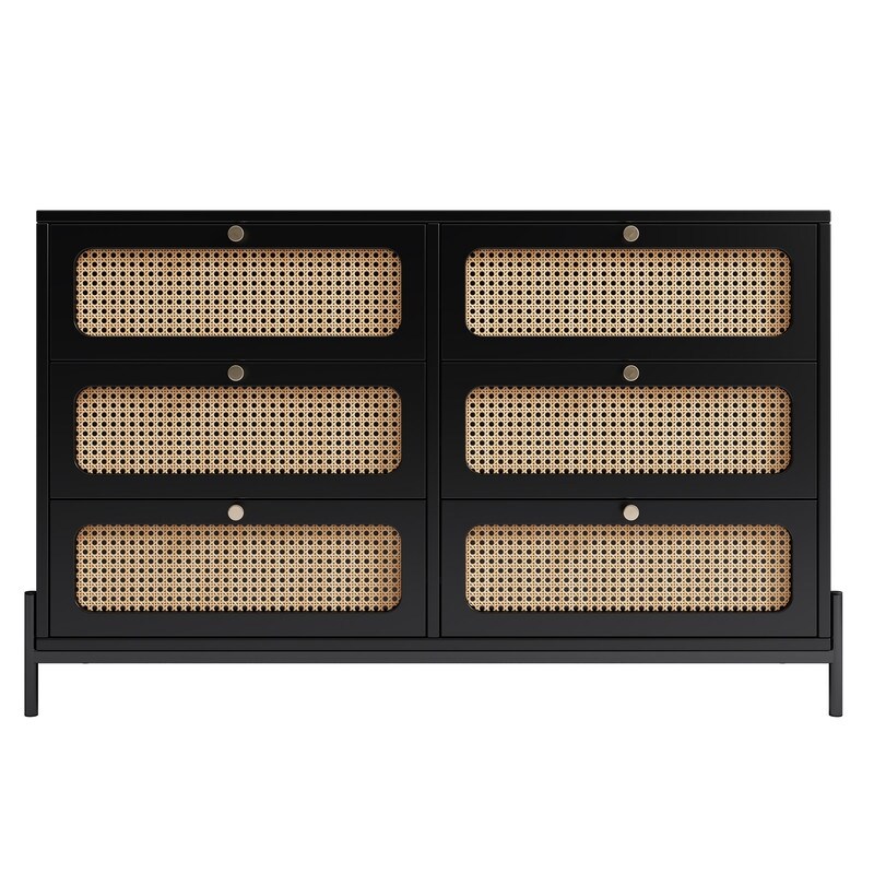47'' Modern Solid Wood 6 Drawer Dresser with Rattan Decorative Doors (2 Colors）