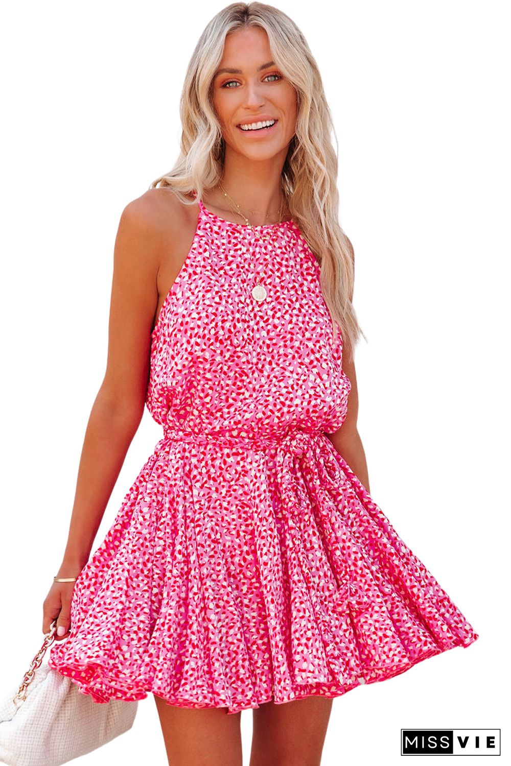 Pink Leopard Print Sleeveless Mini Dress with Waist Tie