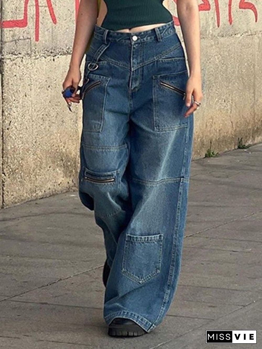 Patchwork Blue Wash Baggy Cargo Jeans