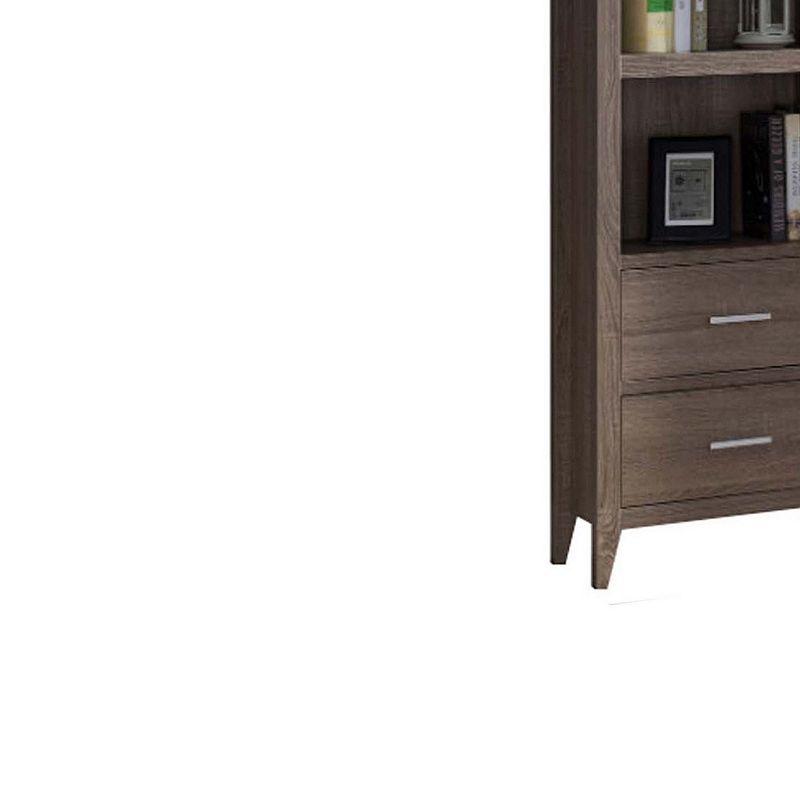 Wooden Media Tower with Four Open Shelves and Two Drawers， Dark Taupe Brown