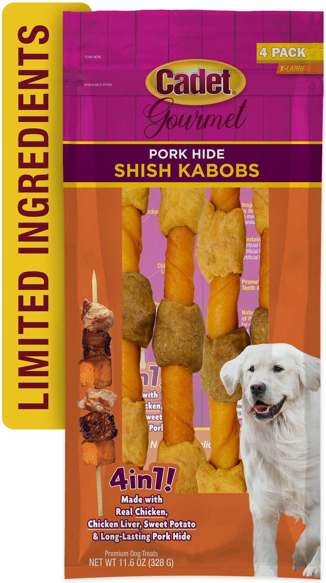 Cadet Gourmet Pork Hide Shish Kabob Dog Treats， X-Large， 10-in， 4 count