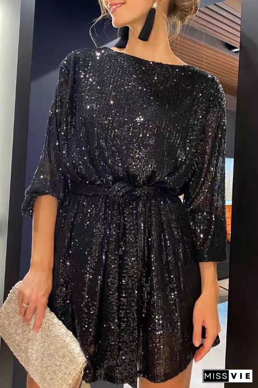 Sexy Solid Sequins Off The Shoulder Waist Skirt Dresses