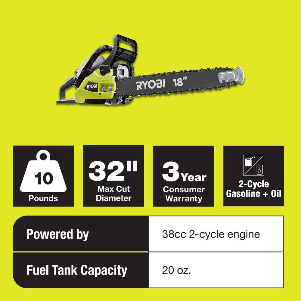 RYOBI 18 in. 38cc 2-Cycle Gas Chainsaw with Heavy Duty Case RY3818